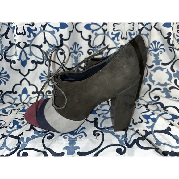 Tory Burch Stella Color-block Oxford Suede Block Heel Black Burgundy & Gray 10 - Picture 11 of 13
